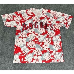Kloanz LA Angels Men Red Floral Hawaiian Short Sleeve V-Neck Jersey Size XL